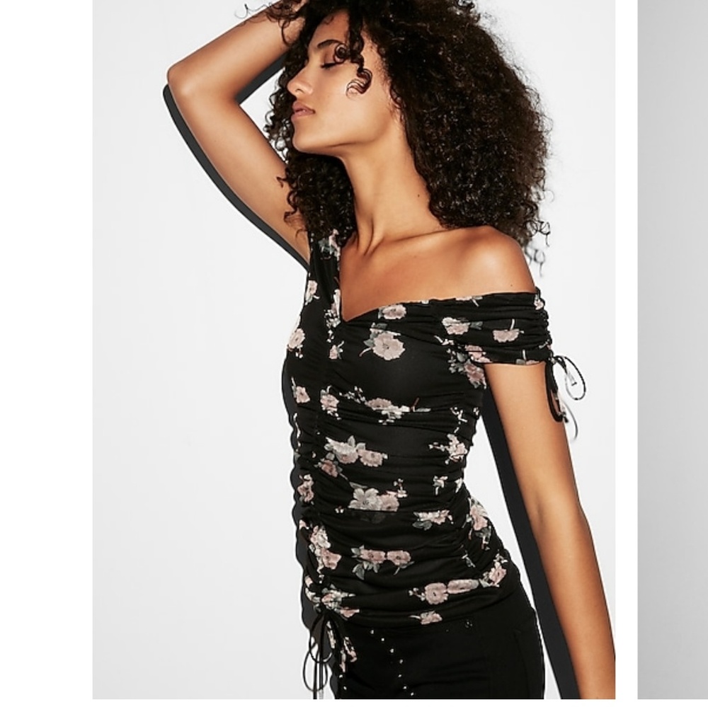 Express floral ruched off the shoulder top